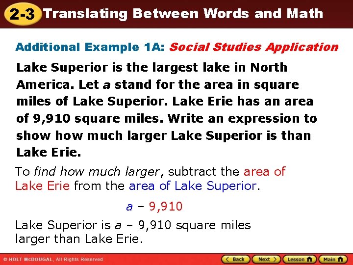 2 -3 Translating Between Words and Math Additional Example 1 A: Social Studies Application