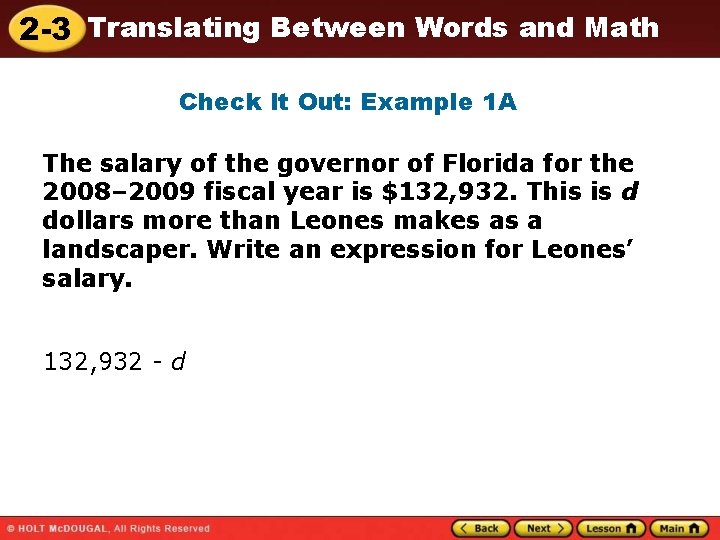 2 -3 Translating Between Words and Math Check It Out: Example 1 A The