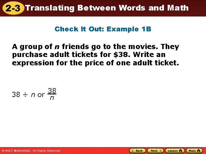 2 -3 Translating Between Words and Math Check It Out: Example 1 B A