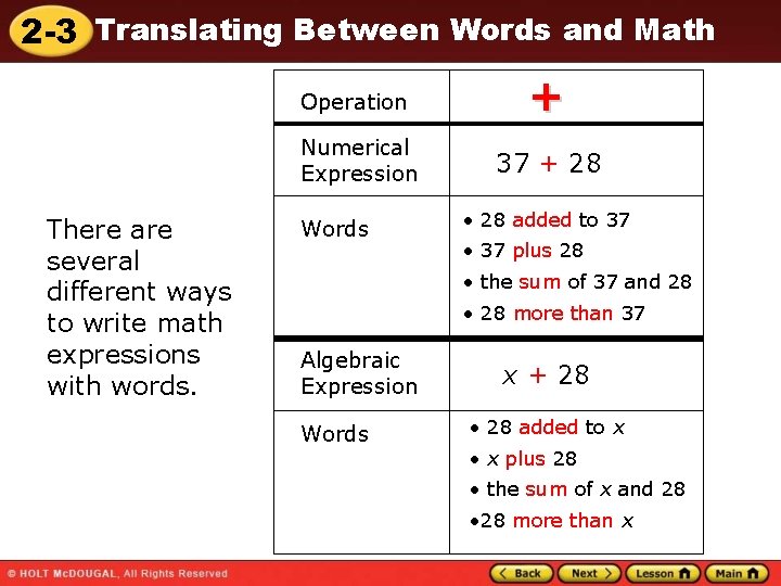 2 -3 Translating Between Words and Math There are several different ways to write