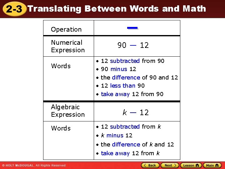 2 -3 Translating Between Words and Math Operation Numerical Expression Words Algebraic Expression Words