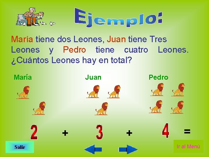 María tiene dos Leones, Juan tiene Tres Leones y Pedro tiene cuatro Leones. ¿Cuántos