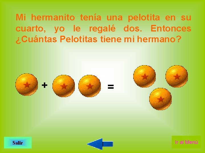 Mi hermanito tenía una pelotita en su cuarto, yo le regalé dos. Entonces ¿Cuántas