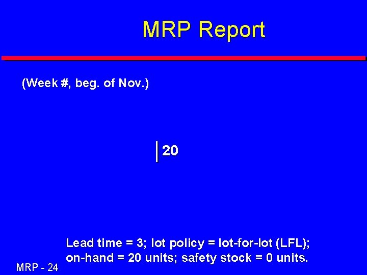 MRP Report (Week #, beg. of Nov. ) 20 MRP - 24 Lead time