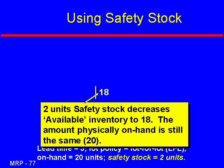 Using Safety Stock 18 2 units Safety stock decreases ‘Available’ inventory to 18. The