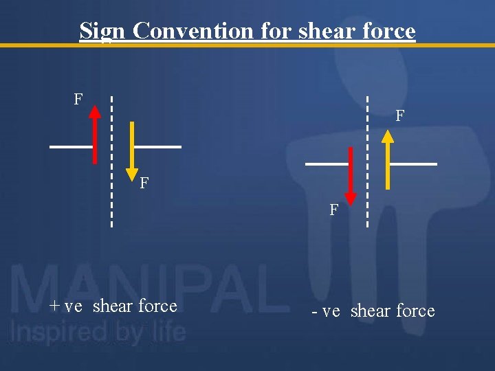 Sign Convention for shear force F F + ve shear force - ve shear