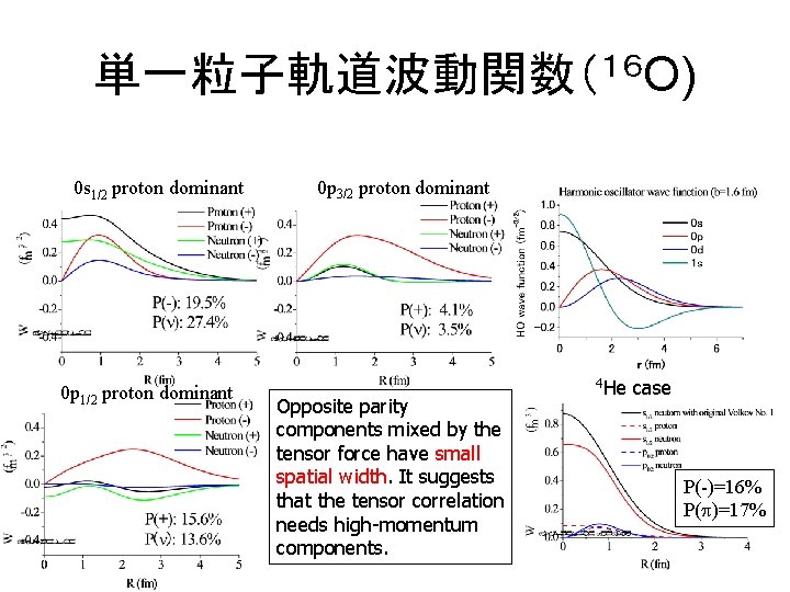 単一粒子軌道波動関数（１６ O) 0 s 1/2 proton dominant 0 p 3/2 proton dominant Opposite parity