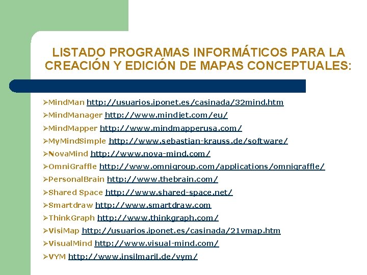 LISTADO PROGRAMAS INFORMÁTICOS PARA LA CREACIÓN Y EDICIÓN DE MAPAS CONCEPTUALES: ØMind. Man http: