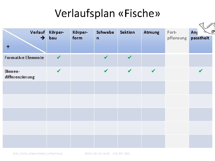 Verlaufsplan «Fische» Verlauf Körper bau Körperform Schwebe n Sektion Atmung Fort. Angepflanzung passtheit + Verlaufsplan «Fische» Verlauf Körper bau Körperform Schwebe n Sektion Atmung Fort. Angepflanzung passtheit +