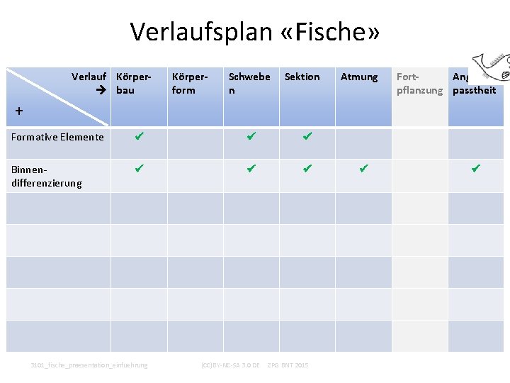 Verlaufsplan «Fische» Verlauf Körper bau Körperform Schwebe n Sektion Atmung Fort. Angepflanzung passtheit +