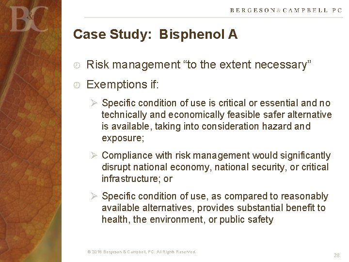 Case Study: Bisphenol A Risk management “to the extent necessary” Exemptions if: Ø Specific