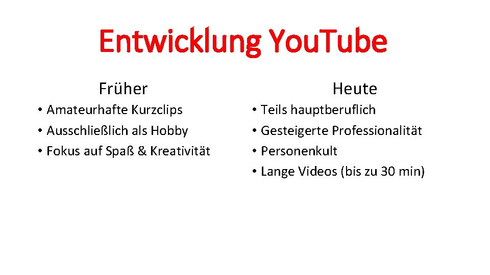 Entwicklung You. Tube Früher • Amateurhafte Kurzclips • Ausschließlich als Hobby • Fokus auf