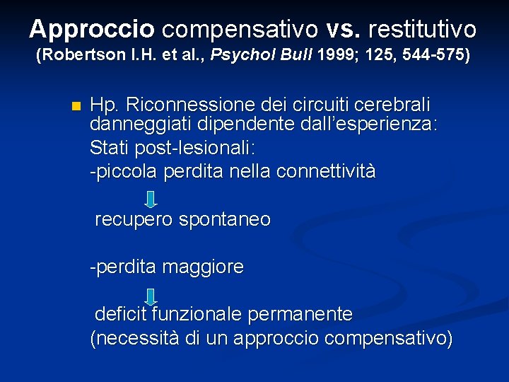 Approccio compensativo vs. restitutivo (Robertson I. H. et al. , Psychol Bull 1999; 125,