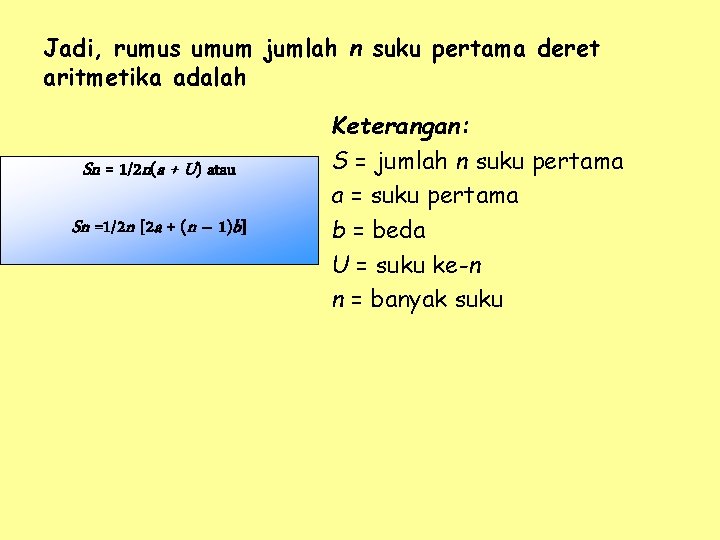 Jadi, rumus umum jumlah n suku pertama deret aritmetika adalah Sn = 1/2 n(a