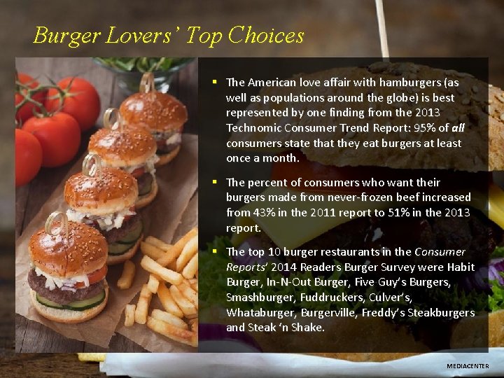 Burger Lovers’ Top Choices § The American love affair with hamburgers (as well as