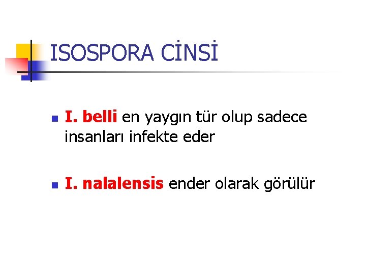 ISOSPORA CİNSİ n n I. belli en yaygın tür olup sadece insanları infekte eder