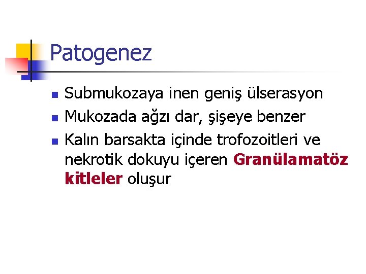 Patogenez n n n Submukozaya inen geniş ülserasyon Mukozada ağzı dar, şişeye benzer Kalın