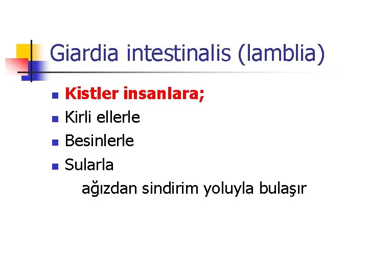 Giardia intestinalis (lamblia) Kistler insanlara; n Kirli ellerle n Besinlerle n Sularla ağızdan sindirim