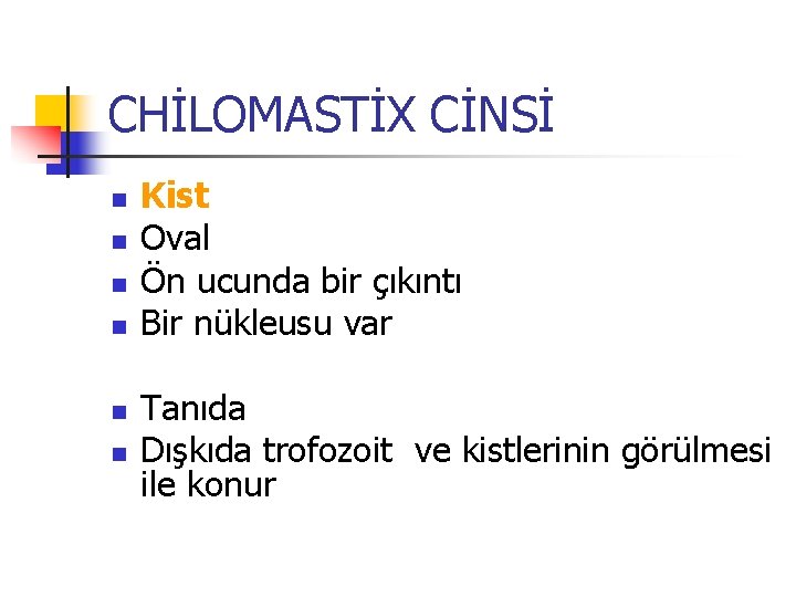 CHİLOMASTİX CİNSİ n n n Kist Oval Ön ucunda bir çıkıntı Bir nükleusu var