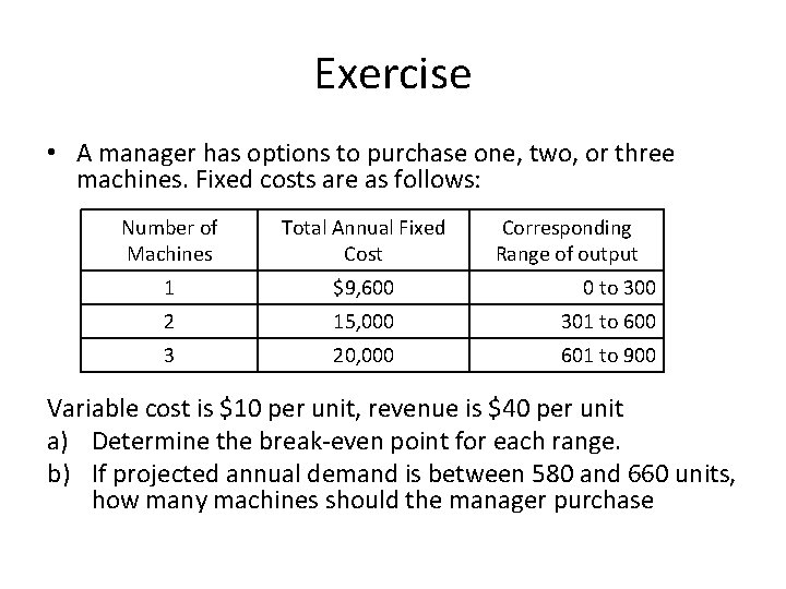 Exercise • A manager has options to purchase one, two, or three machines. Fixed