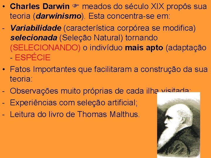  • Charles Darwin meados do século XIX propôs sua teoria (darwinismo). Esta concentra-se