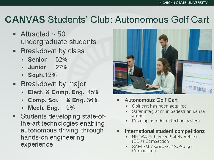 MICHIGAN STATE UNIVERSITY CANVAS Students’ Club: Autonomous Golf Cart § Attracted ~ 50 undergraduate