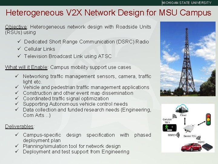 MICHIGAN STATE UNIVERSITY Heterogeneous V 2 X Network Design for MSU Campus Objective: Heterogeneous