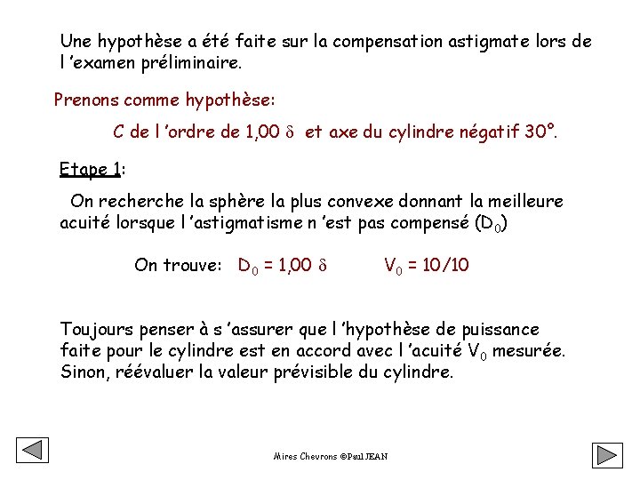 Une hypothèse a été faite sur la compensation astigmate lors de l ’examen préliminaire.