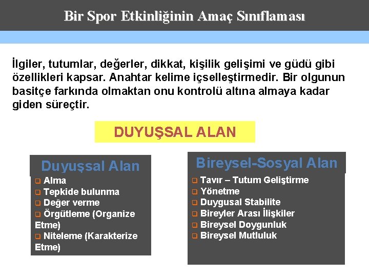 Bir Spor Etkinliğinin Amaç Sınıflaması İlgiler, tutumlar, değerler, dikkat, kişilik gelişimi ve güdü gibi