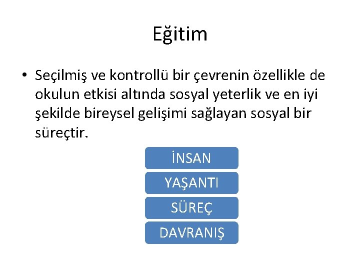 Eğitim • Seçilmiş ve kontrollü bir çevrenin özellikle de okulun etkisi altında sosyal yeterlik