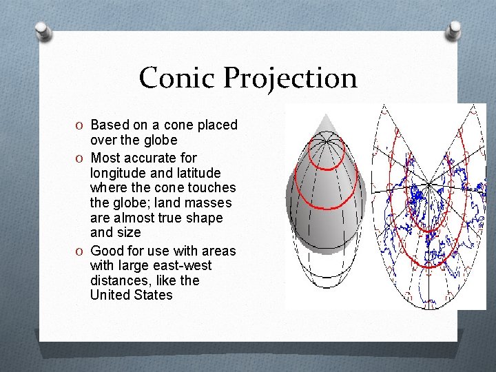 Conic Projection O Based on a cone placed over the globe O Most accurate