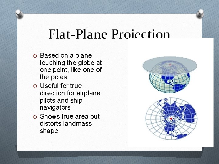Flat-Plane Projection O Based on a plane touching the globe at one point, like