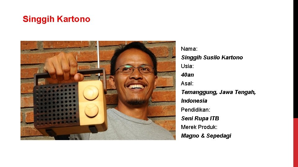 Singgih Kartono Nama: Singgih Susilo Kartono Usia: 40 an Asal: Temanggung, Jawa Tengah, Indonesia