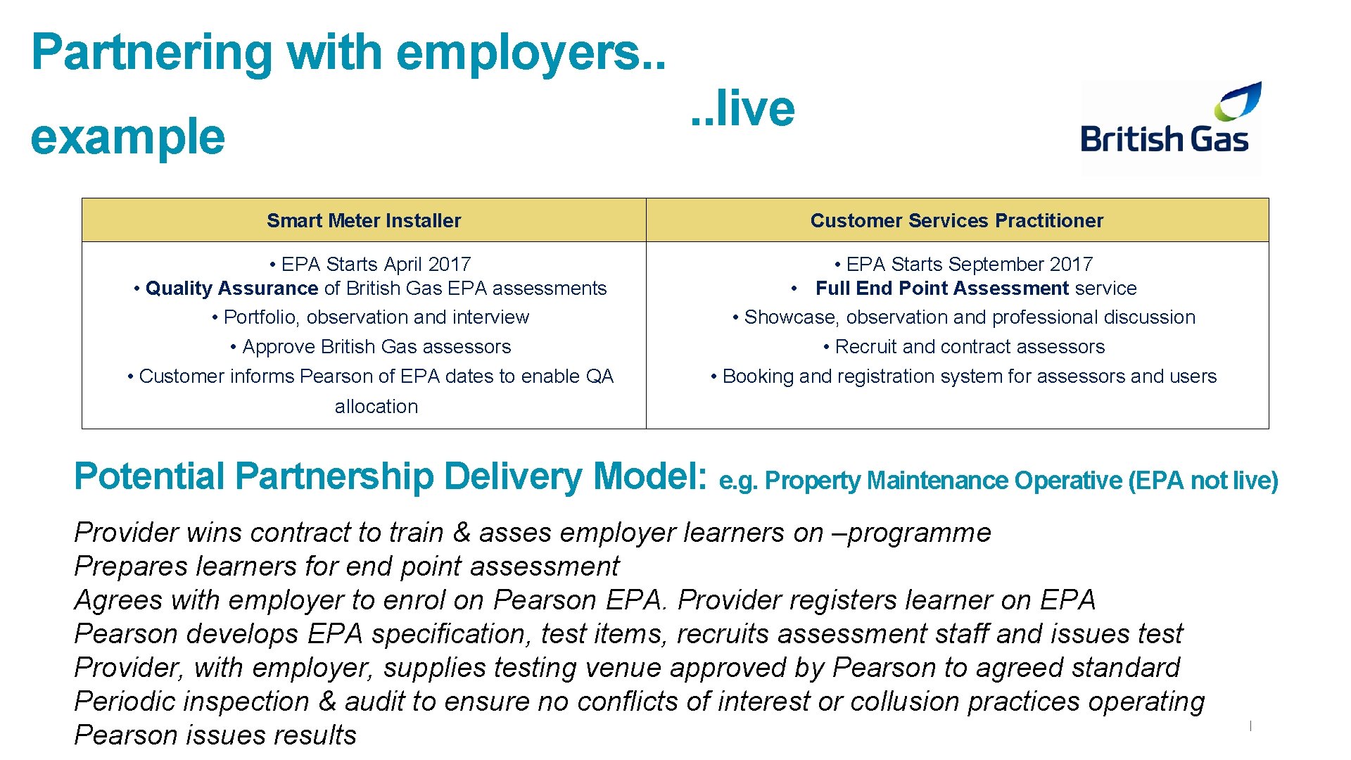 Partnering with employers. . example Smart Meter Installer • EPA Starts April 2017 •