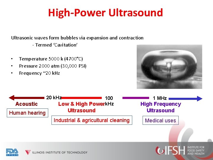 High-Power Ultrasound Ultrasonic waves form bubbles via expansion and contraction - Termed ‘Cavitation’ •