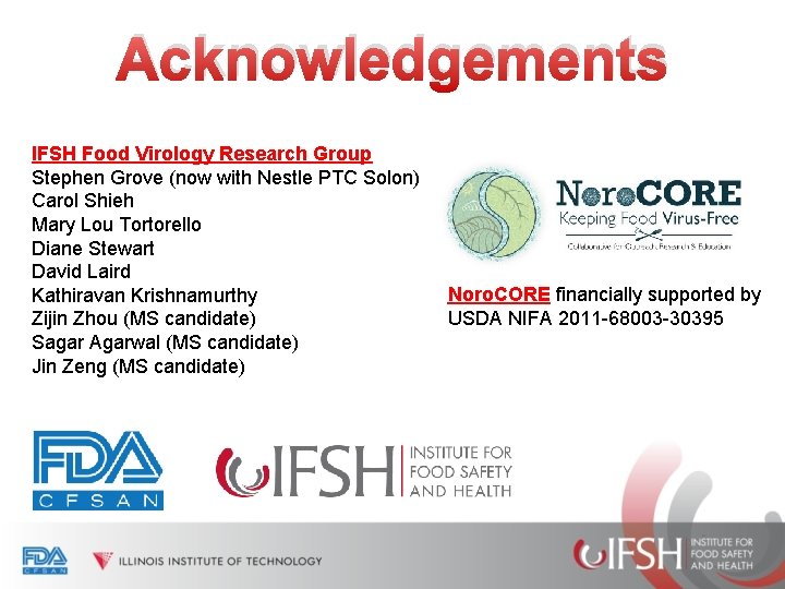 Acknowledgements IFSH Food Virology Research Group Stephen Grove (now with Nestle PTC Solon) Carol