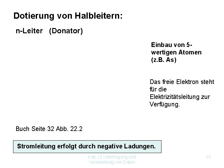 Dotierung von Halbleitern: n-Leiter (Donator) Einbau von 5 wertigen Atomen (z. B. As) Das