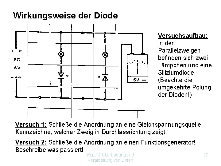 Wirkungsweise der Diode Versuchsaufbau: In den Parallelzweigen befinden sich zwei Lämpchen und eine Siliziumdiode.