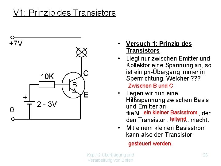 V 1: Prinzip des Transistors • Versuch 1: Prinzip des Transistors • Liegt nur