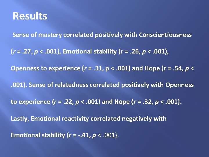 Results Sense of mastery correlated positively with Conscientiousness (r =. 27, p <. 001),