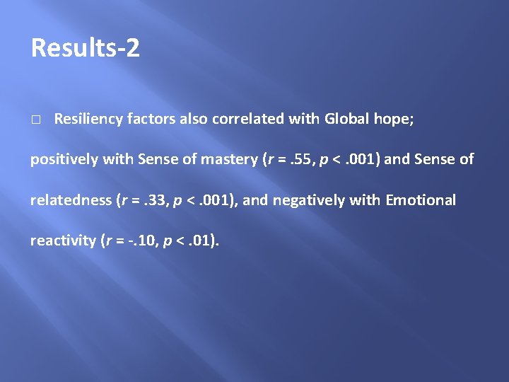 Results-2 � Resiliency factors also correlated with Global hope; positively with Sense of mastery