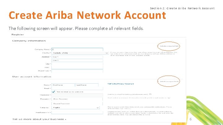 Se ctio n 2: C rea te Ar iba Network Ac count Create Ariba