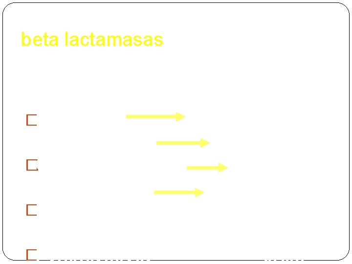 beta lactamasas �Plasmídicas constitutivas �Cromosómicas inducibles �Extracromosómicas positivos �Periplásmicas gram 