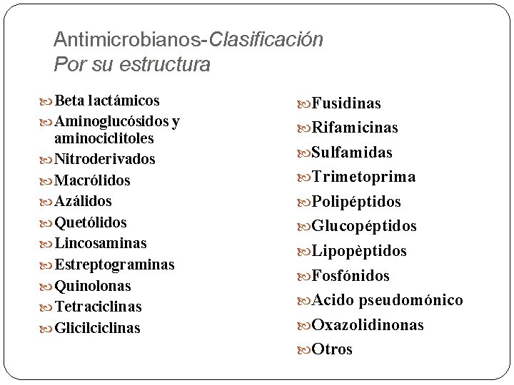Antimicrobianos-Clasificación Por su estructura Beta lactámicos Fusidinas Aminoglucósidos y Rifamicinas aminociclitoles Nitroderivados Macrólidos Azálidos
