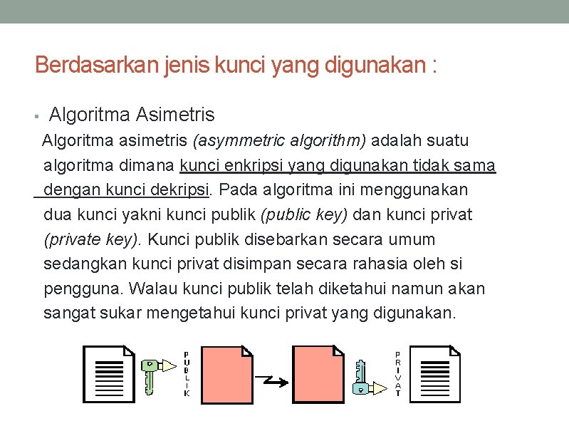 Berdasarkan jenis kunci yang digunakan : § Algoritma Asimetris Algoritma asimetris (asymmetric algorithm) adalah