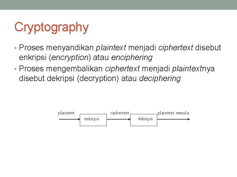 Cryptography • Proses menyandikan plaintext menjadi ciphertext disebut enkripsi (encryption) atau enciphering • Proses