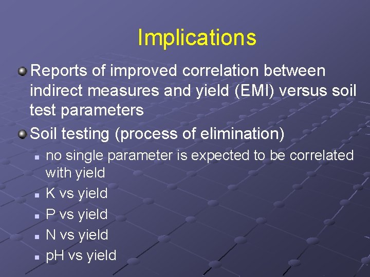 Implications Reports of improved correlation between indirect measures and yield (EMI) versus soil test