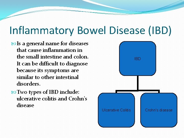 Inflammatory Bowel Disease (IBD) Is a general name for diseases that cause inflammation in