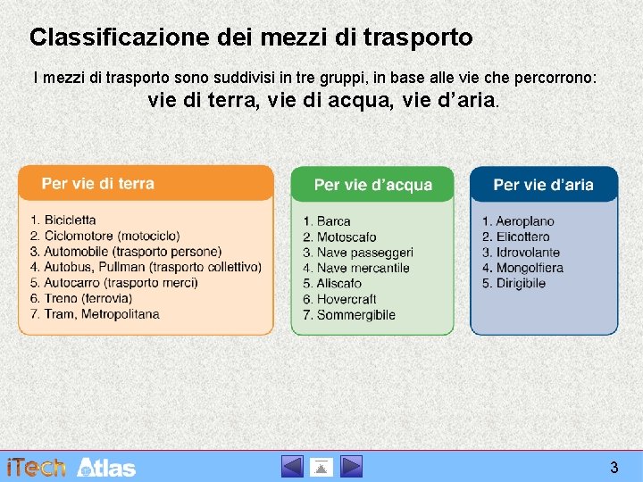 Classificazione dei mezzi di trasporto I mezzi di trasporto sono suddivisi in tre gruppi,