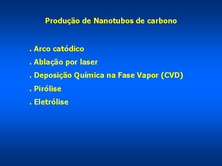 Produção de Nanotubos de carbono . Arco catódico. Ablação por laser. Deposição Química na